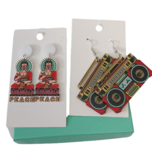 Peace Buddha + Retro Boom box Music Earrings, set of 2